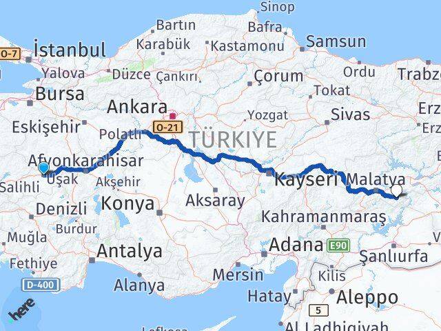 Uşak Pütürge Malatya Arası Kaç Km - Yol Haritası