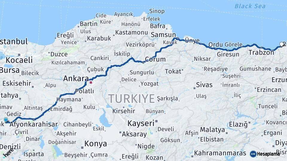 Uşak Rize Arası Kaç Km - Yol Haritası