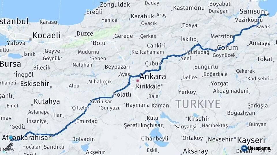 Uşak Samsun Arası Kaç Km - Yol Haritası
