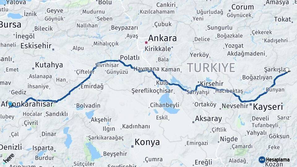 Uşak Şarkışla Sivas Arası Kaç Km - Yol Haritası