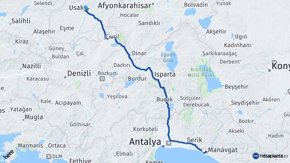 Uşak Side Manavgat Antalya Arası Kaç Km - Yol Haritası