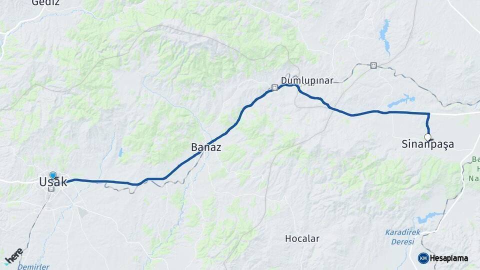 Uşak Sinanpaşa Afyonkarahisar Arası Kaç Km - Yol Haritası
