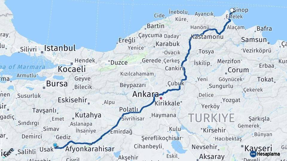 Uşak Sinop Arası Kaç Km - Yol Haritası