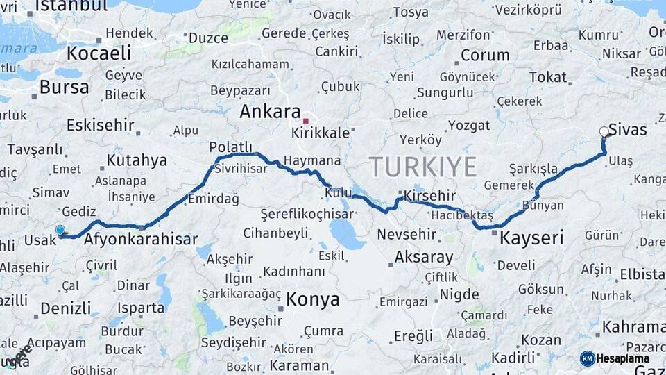 Uşak Sivas Arası Kaç Km - Yol Haritası