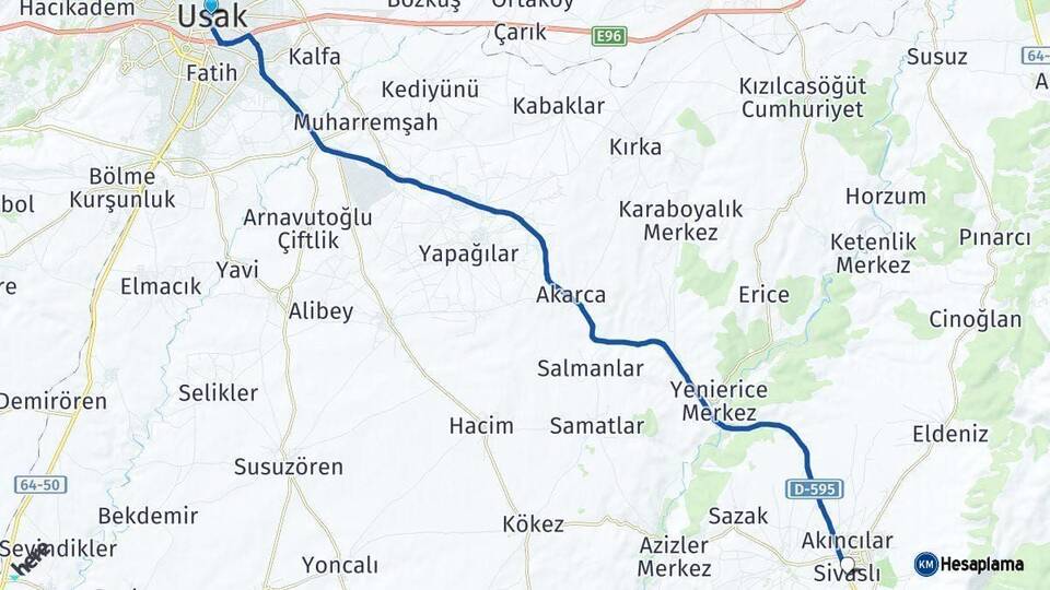 Uşak Sivaslı Arası Kaç Km - Yol Haritası