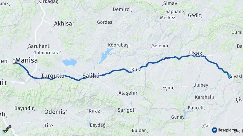 Uşak Sivaslı Manisa Arası Kaç Km - Yol Haritası