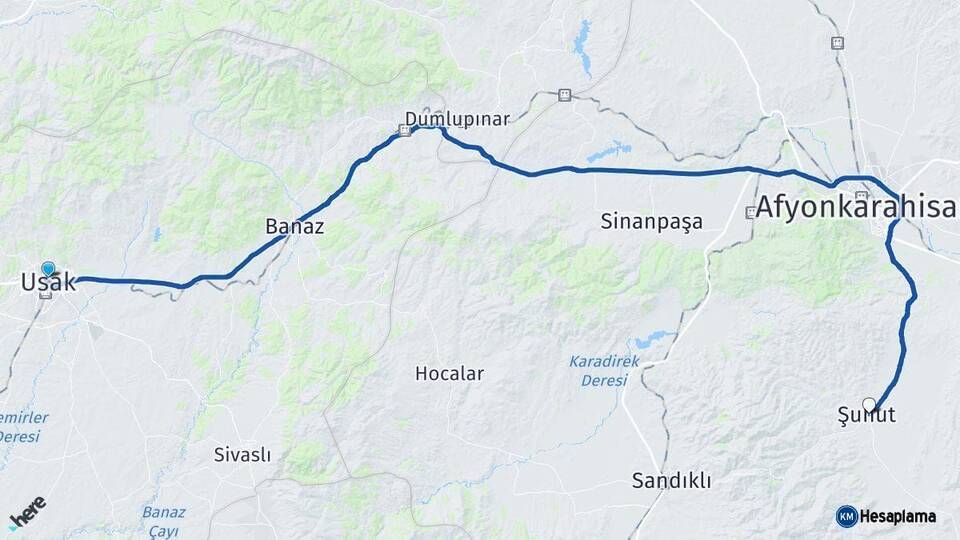 Uşak Şuhut Afyonkarahisar Arası Kaç Km - Yol Haritası
