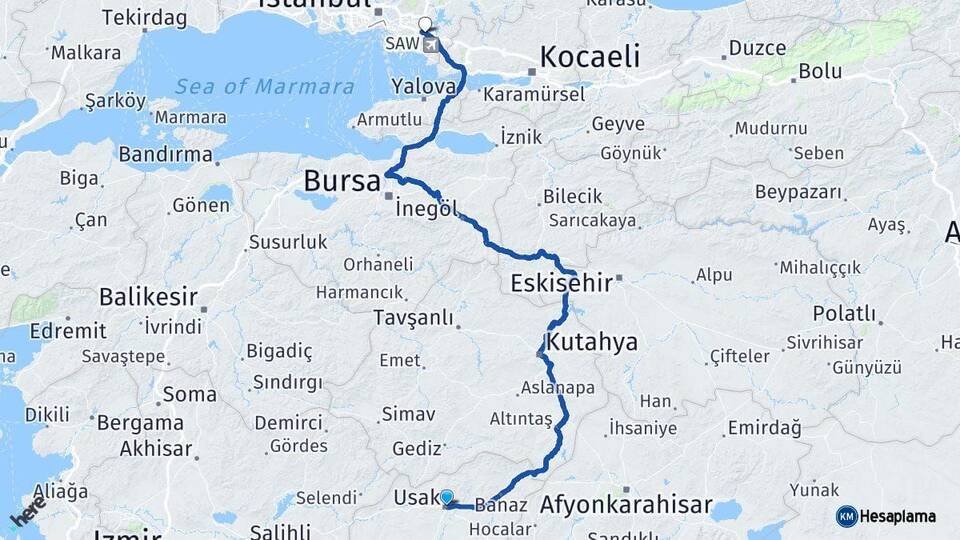 Uşak Sultanbeyli İstanbul Arası Kaç Km - Yol Haritası