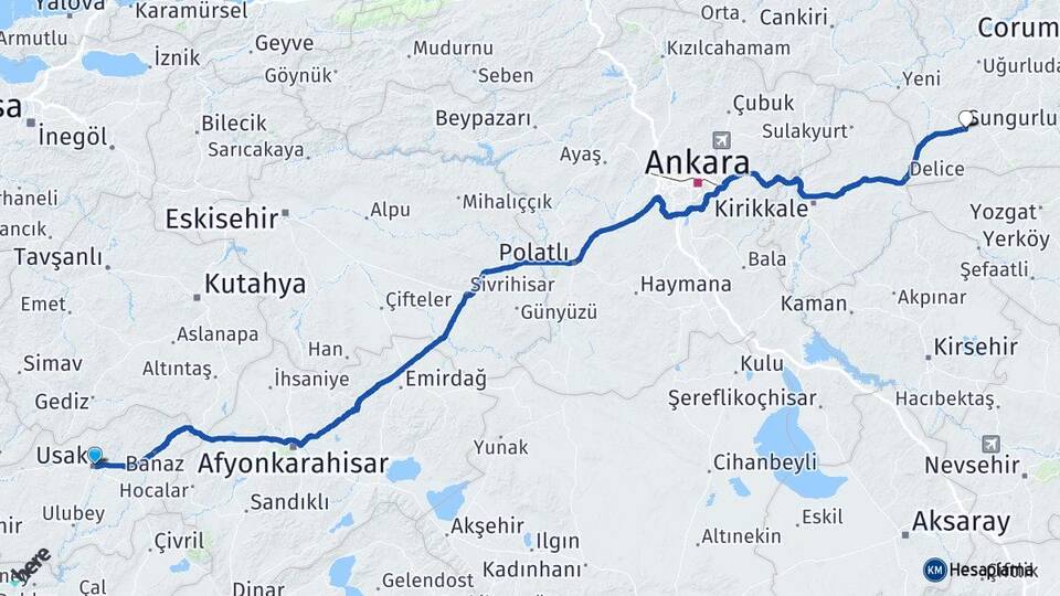 Uşak Sungurlu Çorum Arası Kaç Km - Yol Haritası