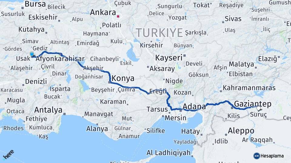 Uşak Suruç Şanlıurfa Arası Kaç Km - Yol Haritası