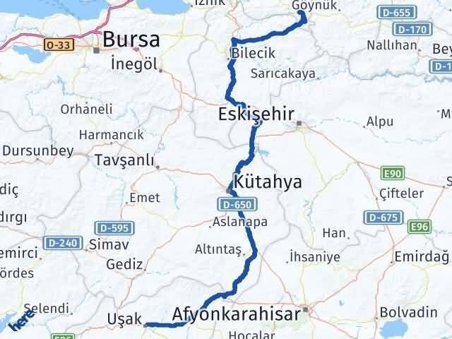 Uşak Taraklı Sakarya Arası Kaç Km - Yol Haritası