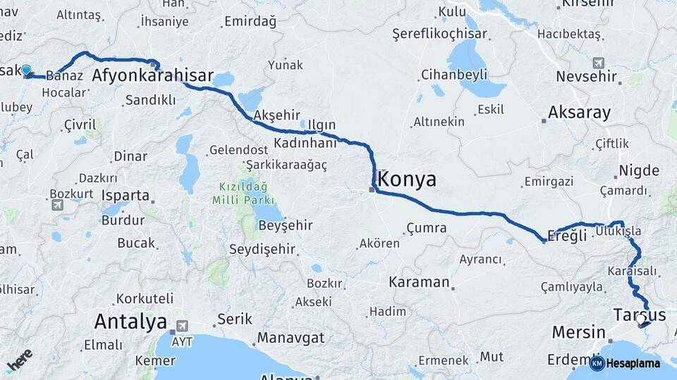 Uşak Tarsus Mersin Arası Kaç Km - Yol Haritası