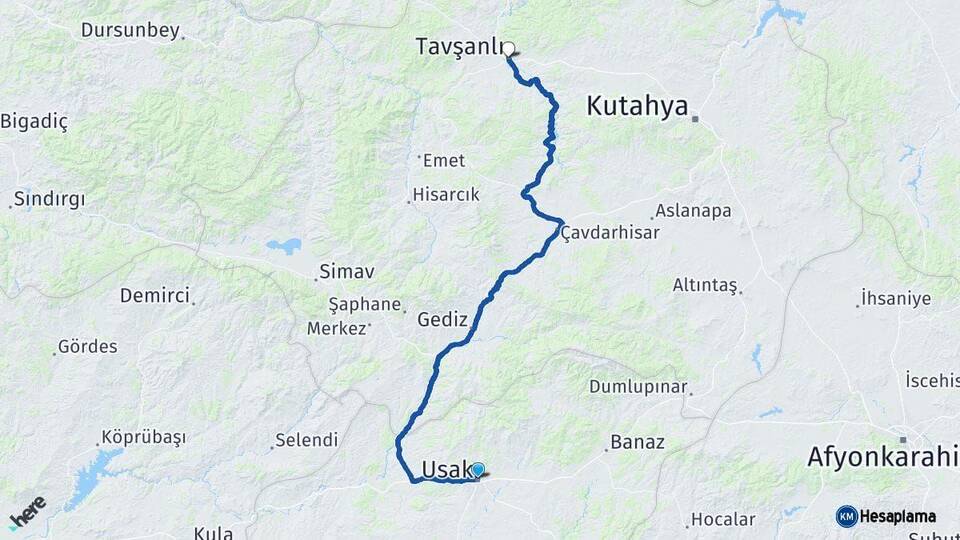 Uşak Tavşanlı Kütahya Arası Kaç Km - Yol Haritası