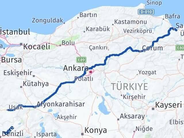 Uşak Tekkeköy Samsun Arası Kaç Km - Yol Haritası