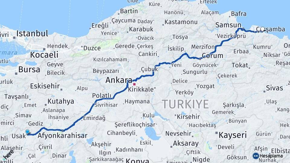 Uşak Terme Samsun Arası Kaç Km - Yol Haritası