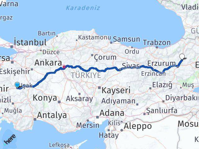 Uşak Tortum Erzurum Arası Kaç Km - Yol Haritası