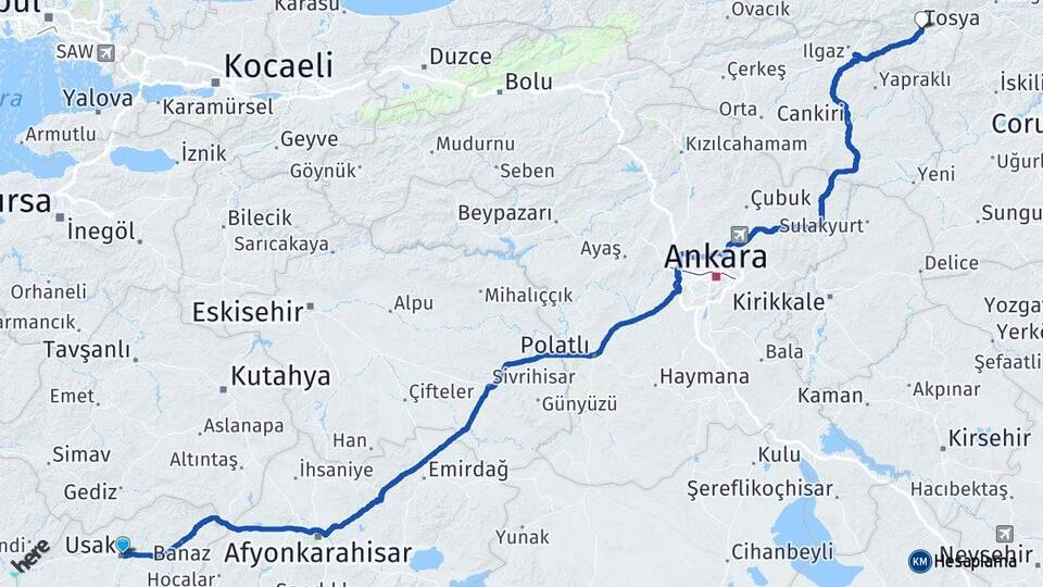 Uşak Tosya Kastamonu Arası Kaç Km - Yol Haritası
