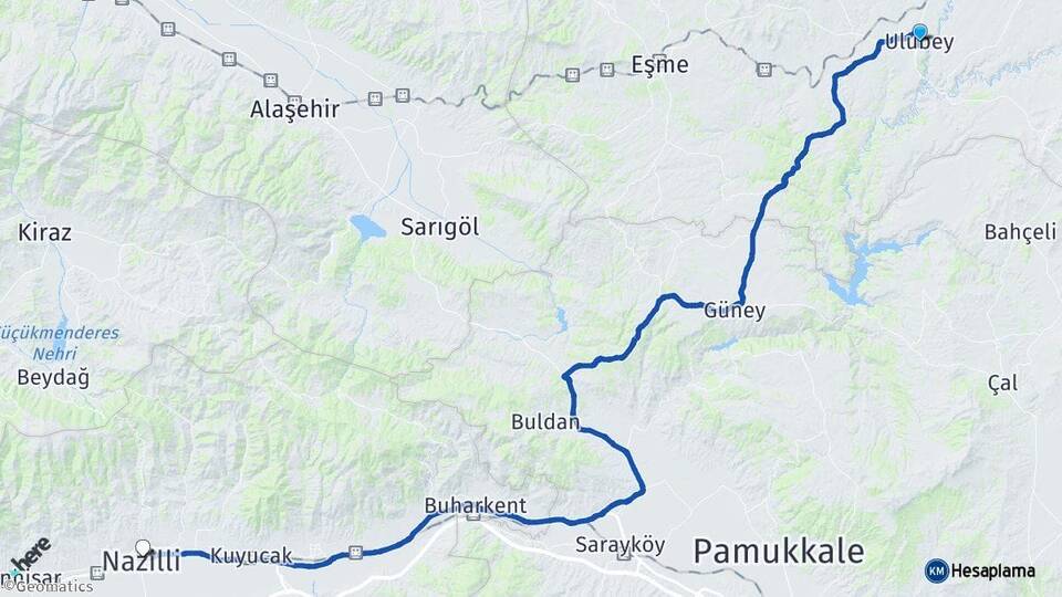 Uşak Ulubey Nazilli Aydın Arası Kaç Km - Yol Haritası
