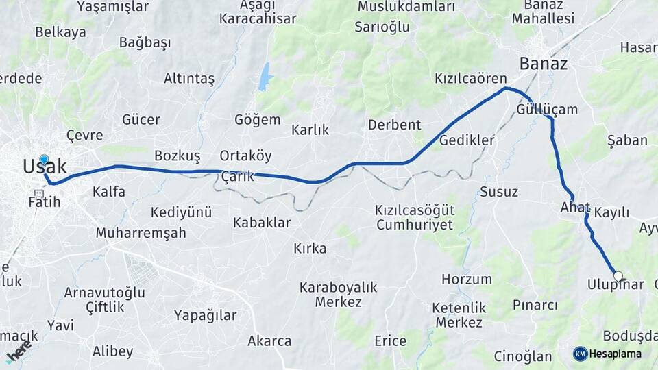 Uşak Ulupınar Banaz Arası Kaç Km - Yol Haritası