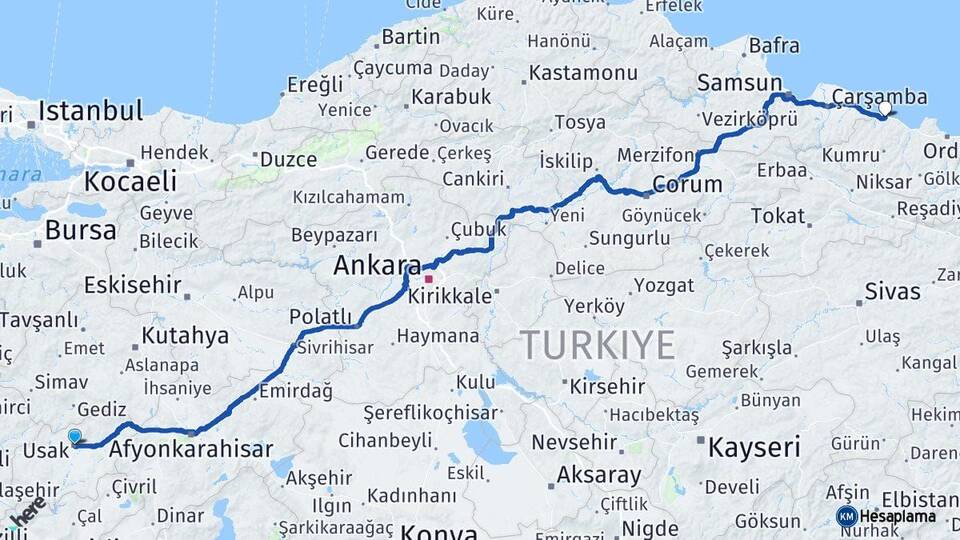 Uşak Ünye Ordu Arası Kaç Km - Yol Haritası
