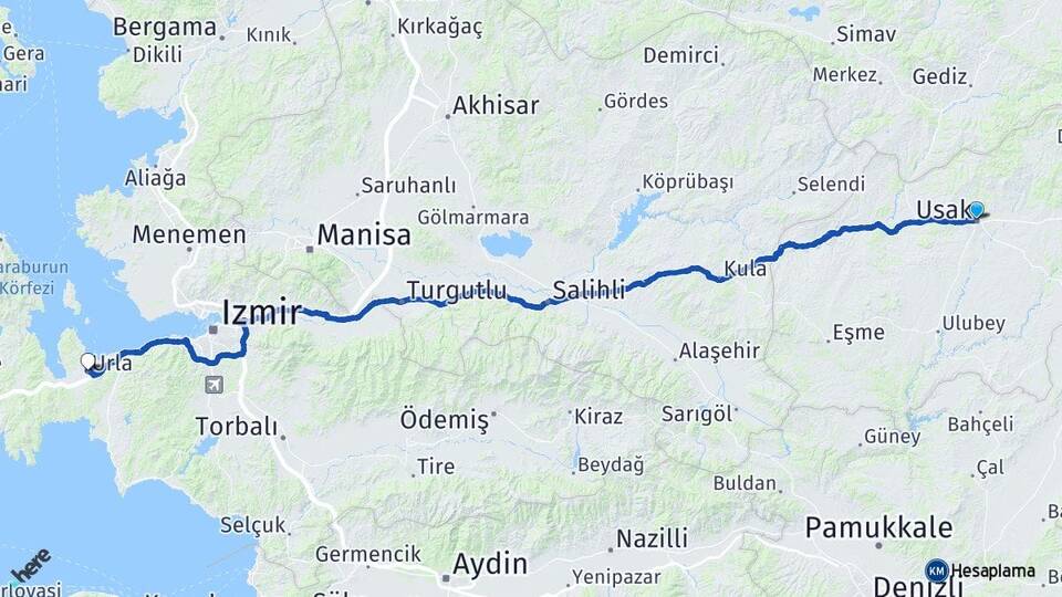 Uşak Urla İzmir Arası Kaç Km - Yol Haritası