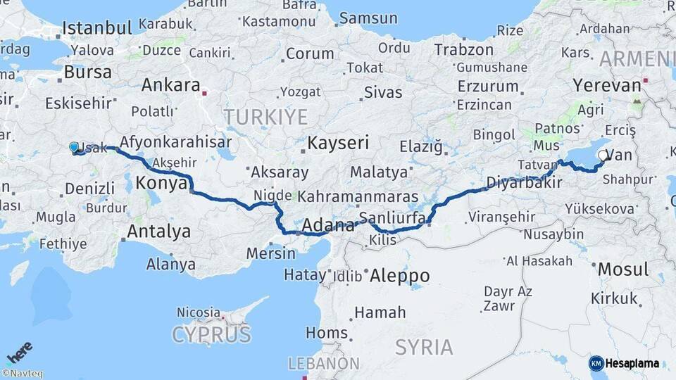 Uşak Van Arası Kaç Km - Yol Haritası