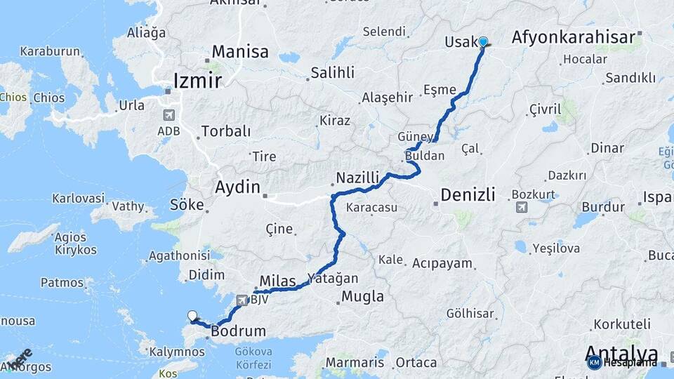 Uşak Yalıkavak Bodrum Muğla Arası Kaç Km - Yol Haritası