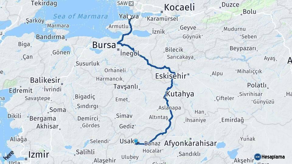 Uşak Yalova Arası Kaç Km - Yol Haritası
