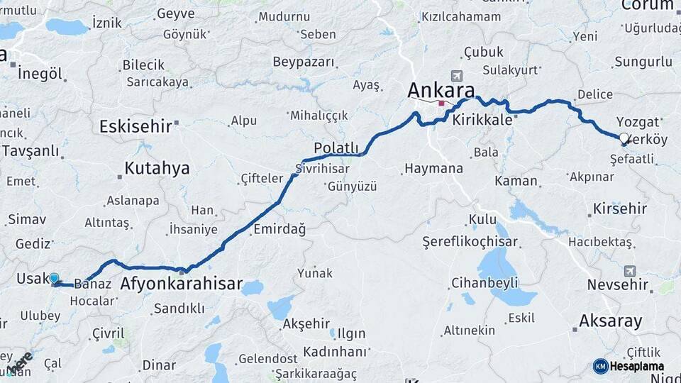 Uşak Yerköy Yozgat Arası Kaç Km - Yol Haritası