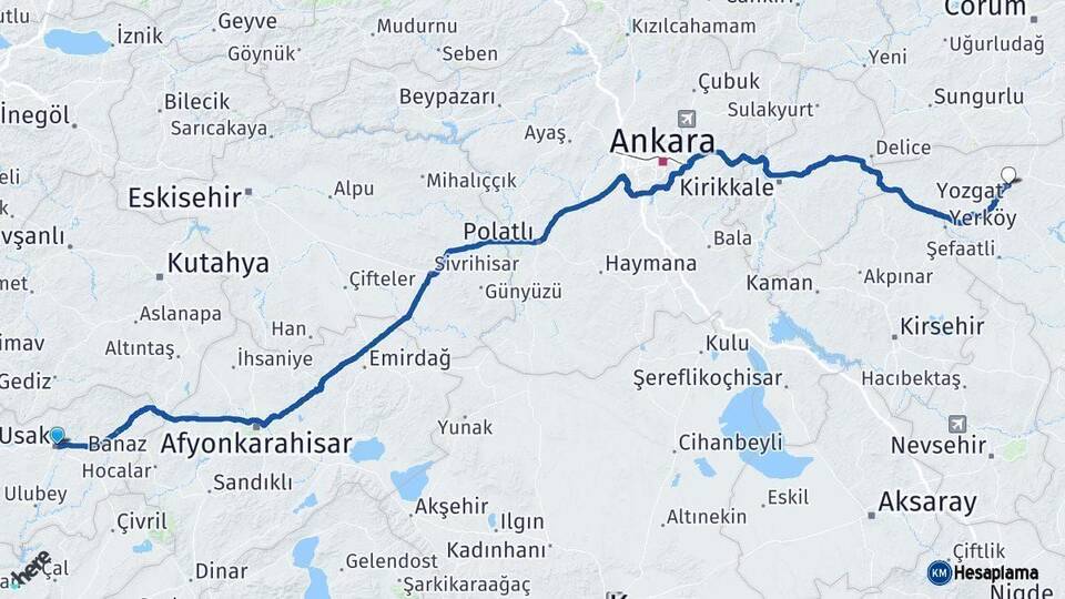 Uşak Yozgat Arası Kaç Km - Yol Haritası