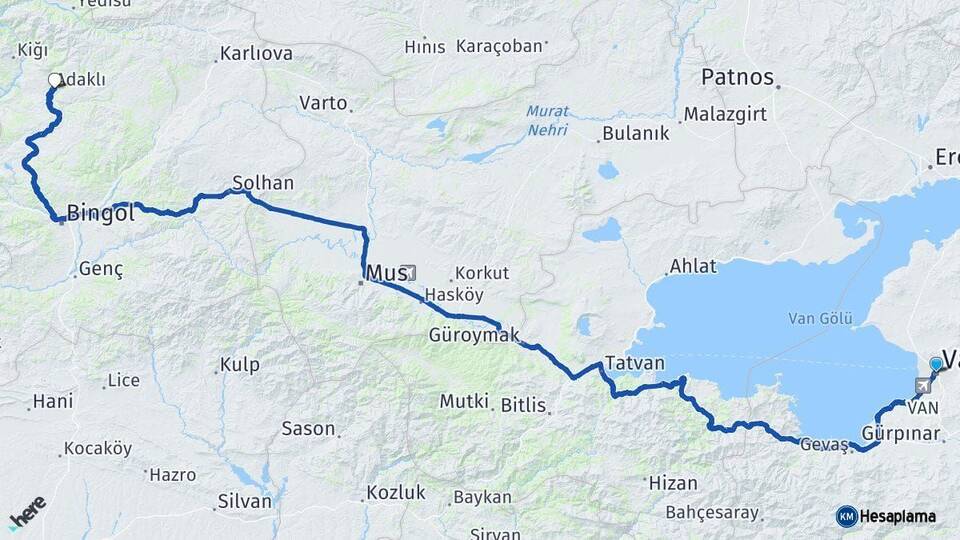 Van Adaklı Bingöl Arası Kaç Km - Yol Haritası