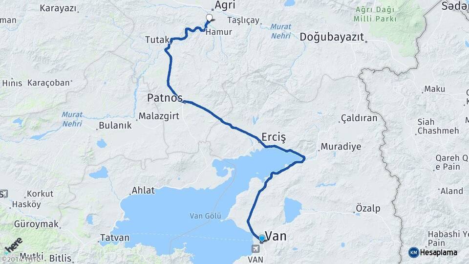 Van Ağrı Havalimanı Arası Kaç Km - Yol Haritası