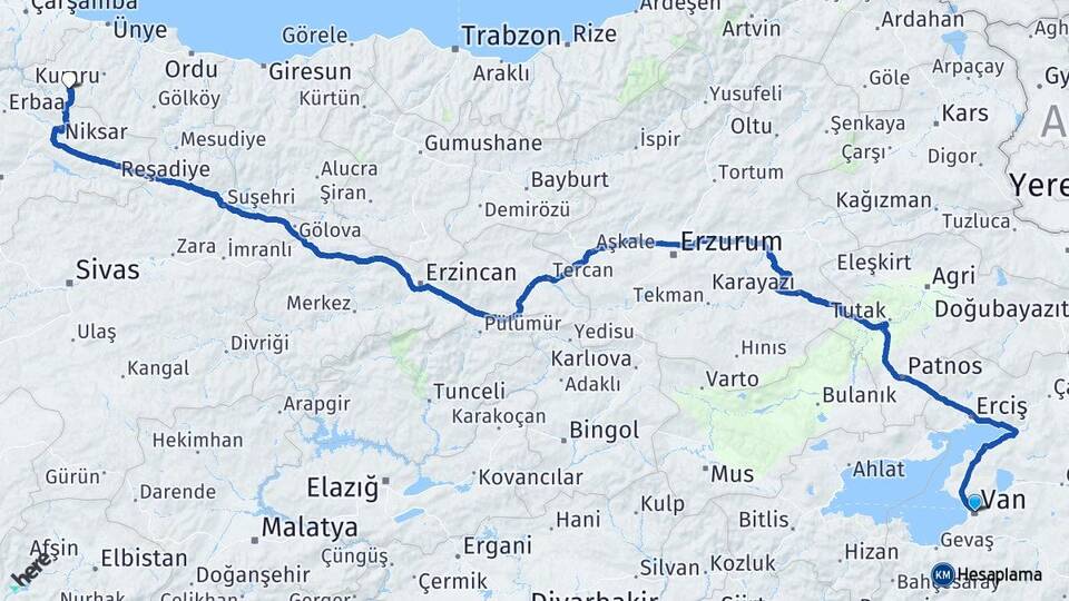 Van Akkuş Ordu Arası Kaç Km - Yol Haritası