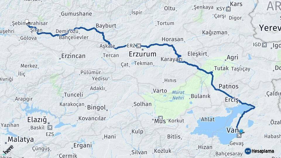 Van Alucra Giresun Arası Kaç Km - Yol Haritası