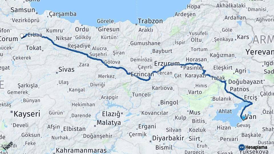 Van Amasya Arası Kaç Km - Yol Haritası
