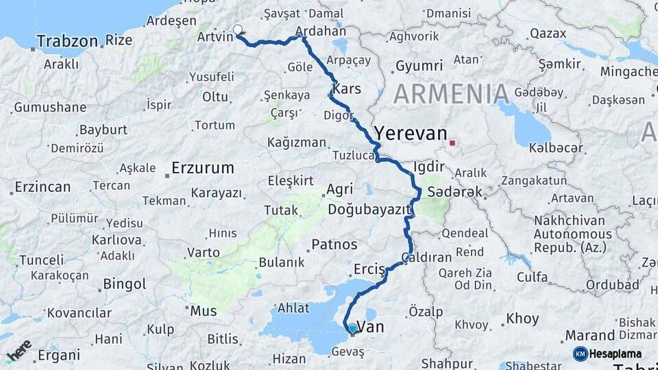 Van Ardanuç Artvin Arası Kaç Km - Yol Haritası