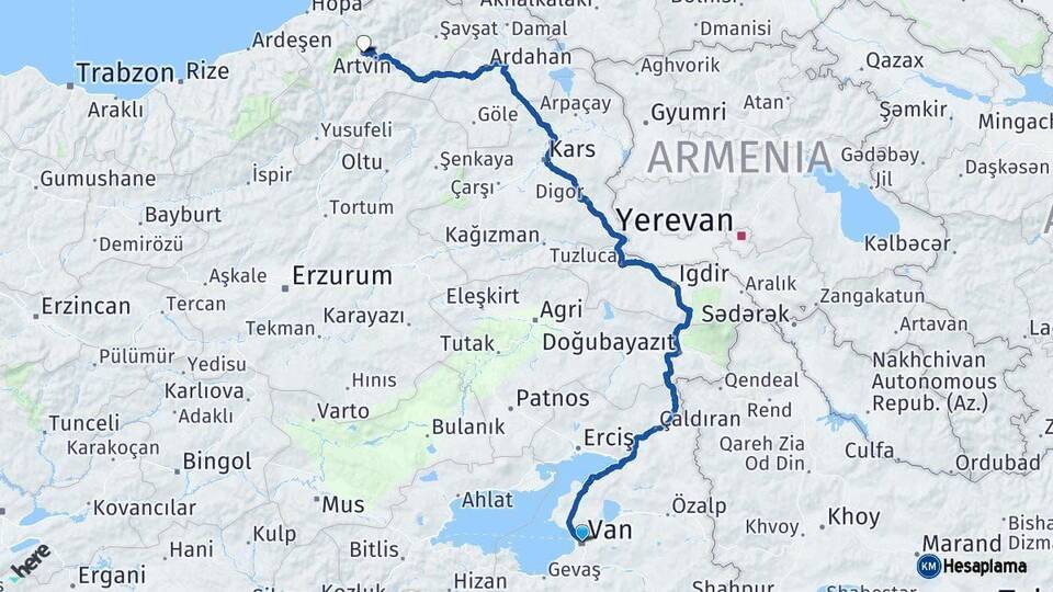 Van Artvin Arası Kaç Km - Yol Haritası