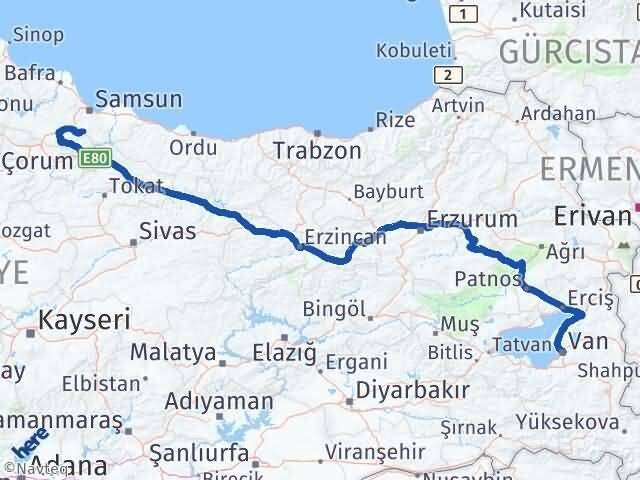 Van Asarcık Samsun Arası Kaç Km - Yol Haritası