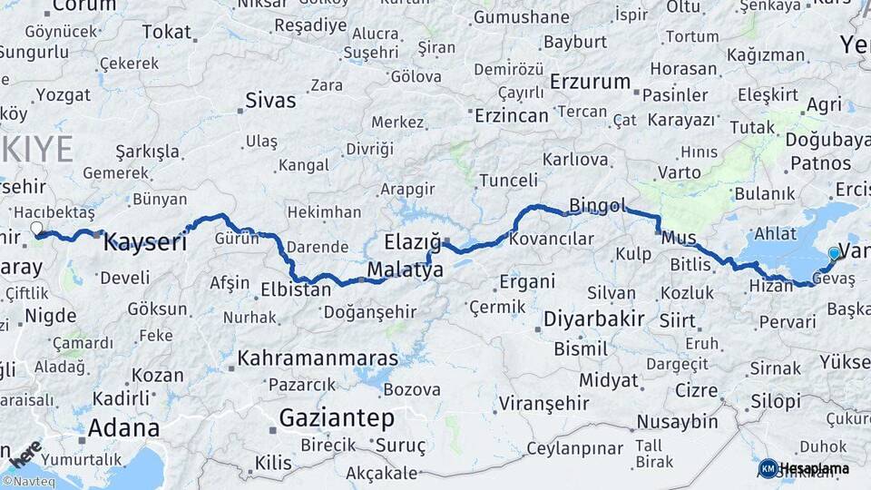 Van Avanos Nevşehir Arası Kaç Km - Yol Haritası