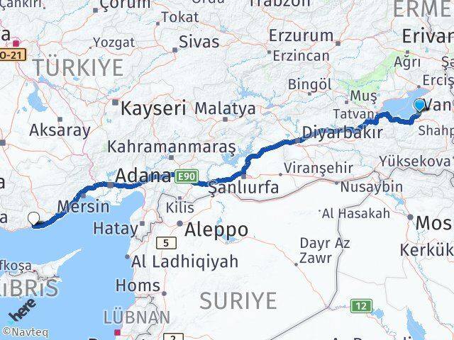 Van Aydıncık Mersin Arası Kaç Km - Yol Haritası