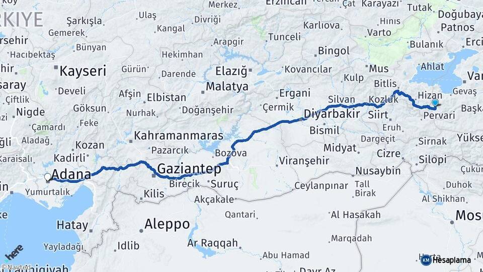 Van Bahçesaray Adana Arası Kaç Km - Yol Haritası