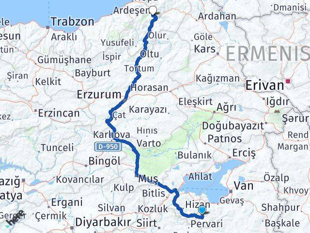 Van Bahçesaray Artvin Arası Kaç Km - Yol Haritası