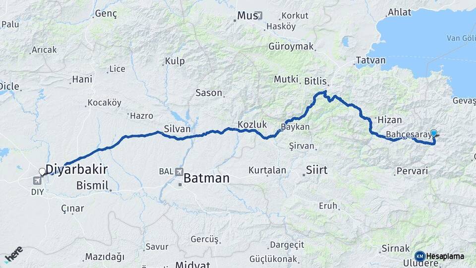 Van Bahçesaray Diyarbakır Arası Kaç Km - Yol Haritası