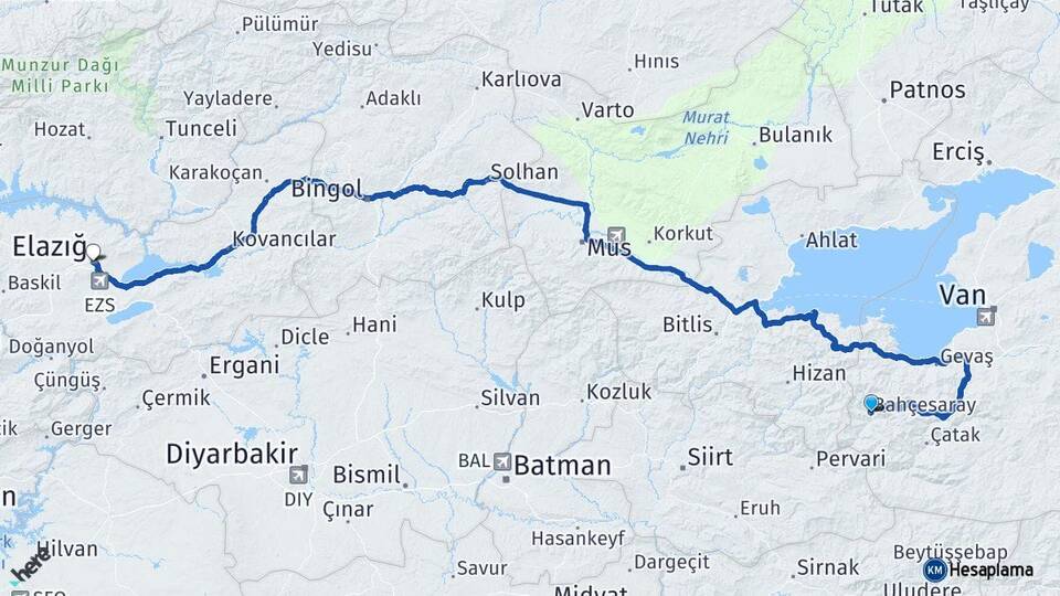 Van Bahçesaray Elazığ Arası Kaç Km - Yol Haritası