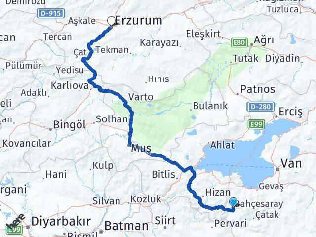 Van Bahçesaray Erzurum Arası Kaç Km - Yol Haritası
