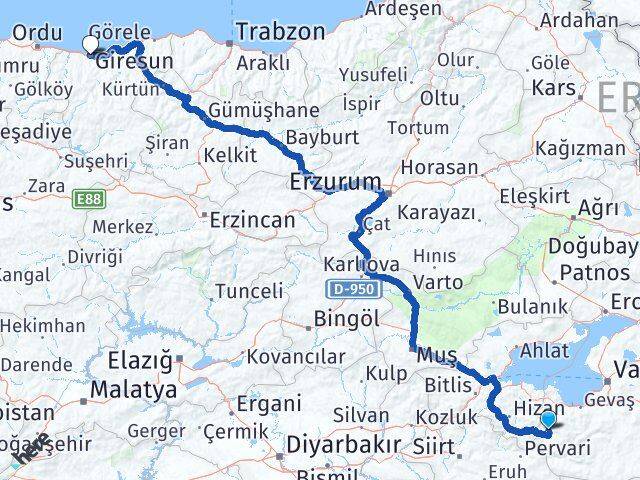 Van Bahçesaray Giresun Arası Kaç Km - Yol Haritası