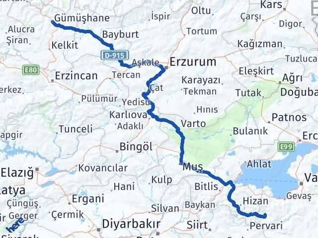 Van Bahçesaray Gümüşhane Arası Kaç Km - Yol Haritası
