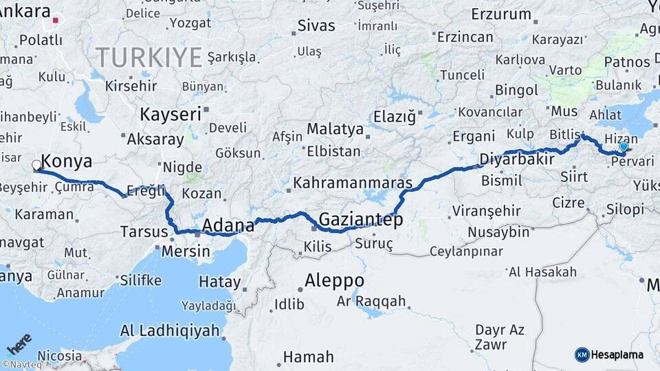 Van Bahçesaray Konya Arası Kaç Km - Yol Haritası