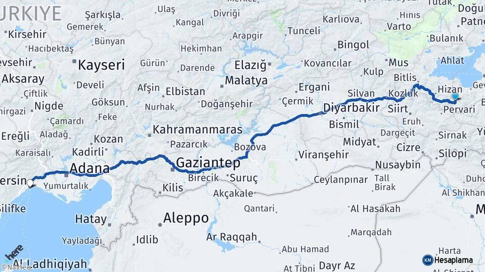 Van Bahçesaray Mersin Arası Kaç Km - Yol Haritası