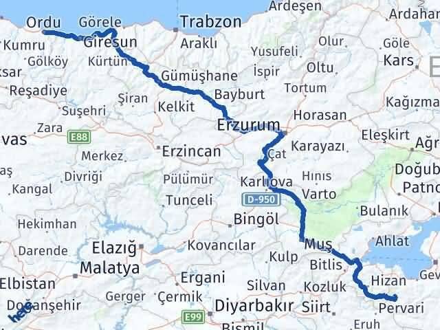 Van Bahçesaray Ordu Arası Kaç Km - Yol Haritası